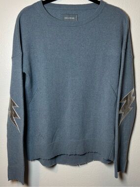 Zadig & Voltaire CiCi Blue Cashmere Crewneck Sweater,  Silver Lightning Patches